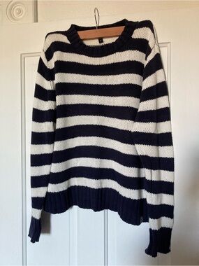 Kiel James Patrick Navy and White Striped Crewneck Sweater